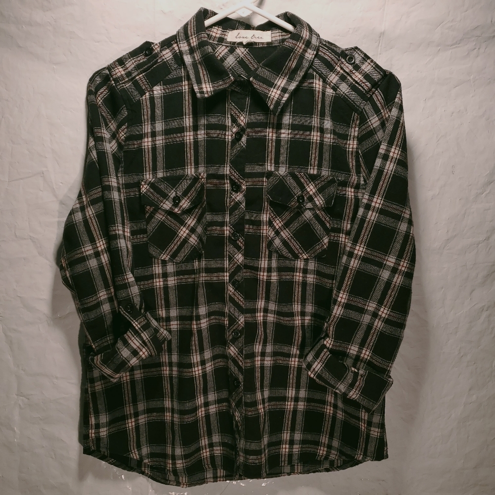 Love Tree Plaid Flannel Button Down Shirt Womens Sz. L